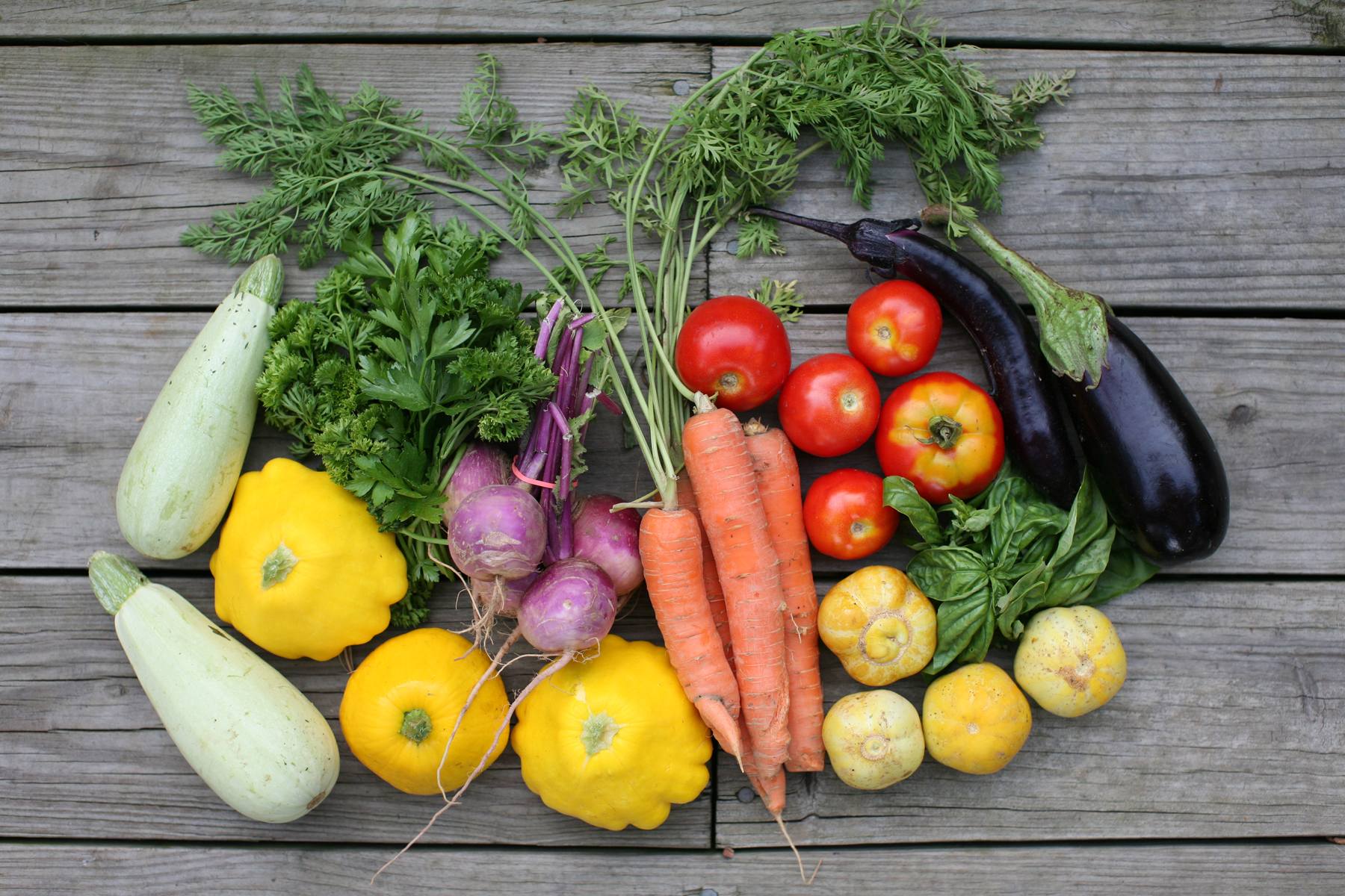Freshly picked seasonal vegetables laid out on weathered boards